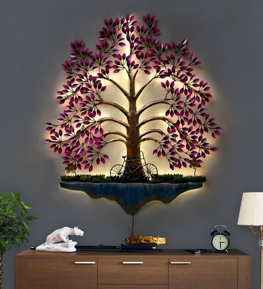 Pesto Tree Metal Wall Art with LED – pink-leaf tree with lighting on