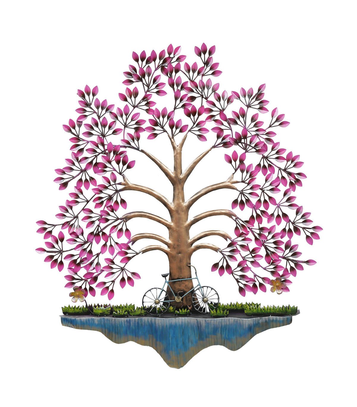 Pesto Tree Metal Wall Art with LED – front view of pink-leaf tree on white