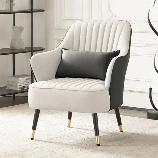 Grey & White Upholstered Armchair – styled beside a cabinet