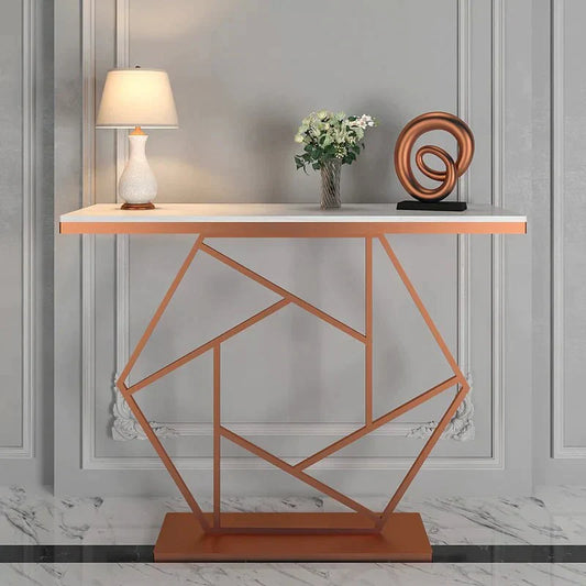 Copper-Finish Marble Console Table – styled white-top console with geometric base