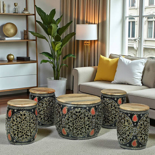 Ethnic Painted Coffee Table with 4 Stools – Set of 5 – product view