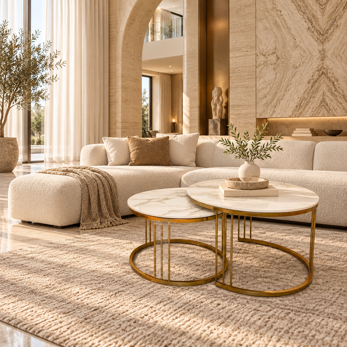 Aria Round Marble Nesting Coffee Tables – Set of 2 - styled in a luxury villa interior
