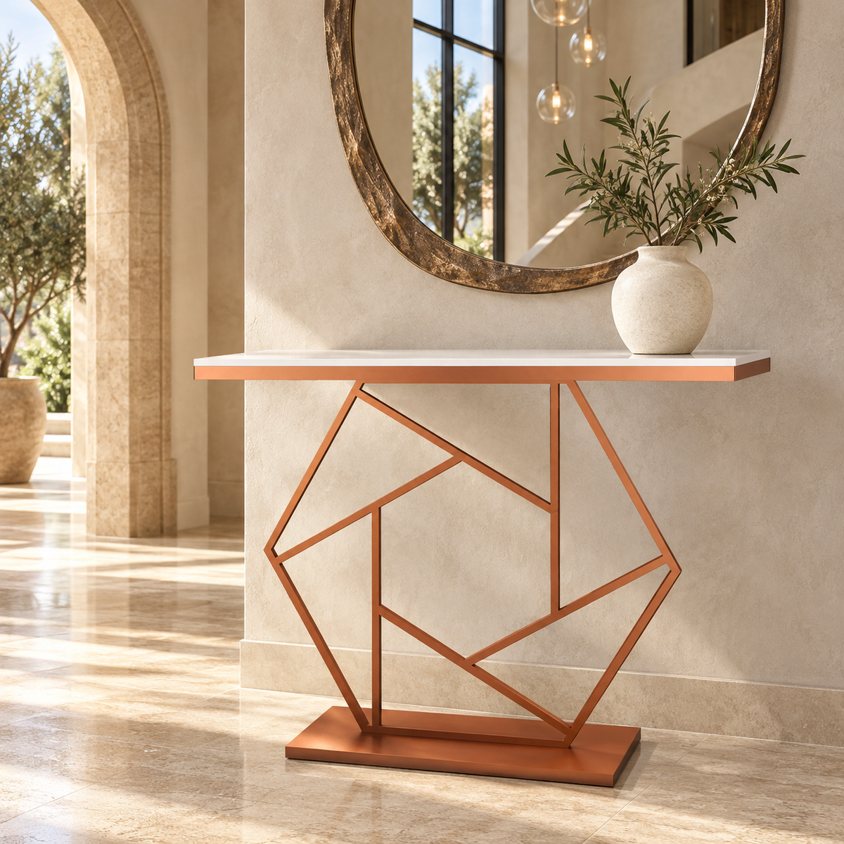 Copper-Finish Console Table – 47.2 × 11.8 × 31.5 Inches - styled in a luxury villa interior