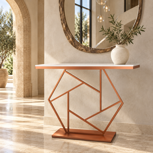 Copper-Finish Console Table – 47.2 × 11.8 × 31.5 Inches - styled in a luxury villa interior