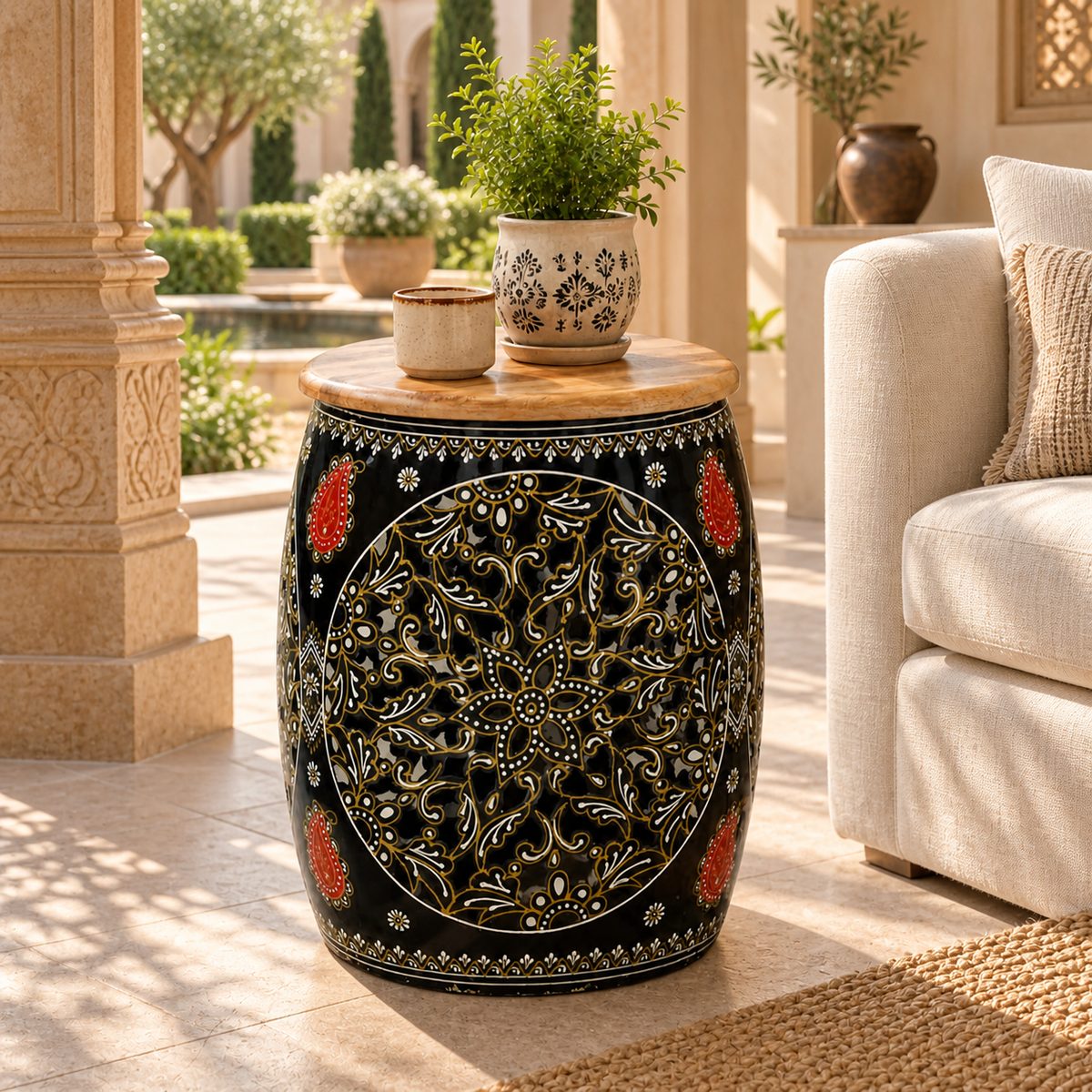 Decorative Handcrafted Metal Side Table – Multicolour - styled in a luxury villa interior