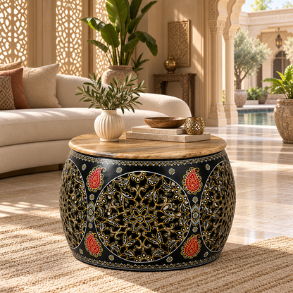 Desert Heritage Round Metal Coffee Table – Multicolour - styled in a luxury villa interior
