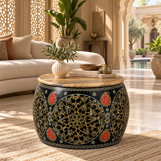 Desert Heritage Round Metal Coffee Table – Multicolour - styled in a luxury villa interior