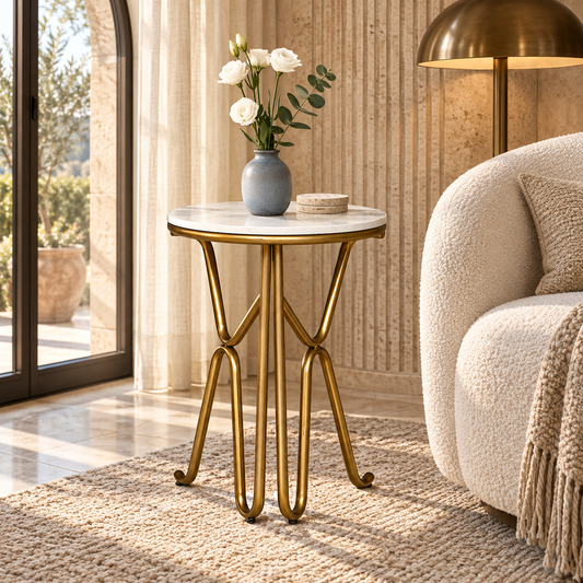 Echo X-Base Marble Side Table - styled in a luxury villa interior