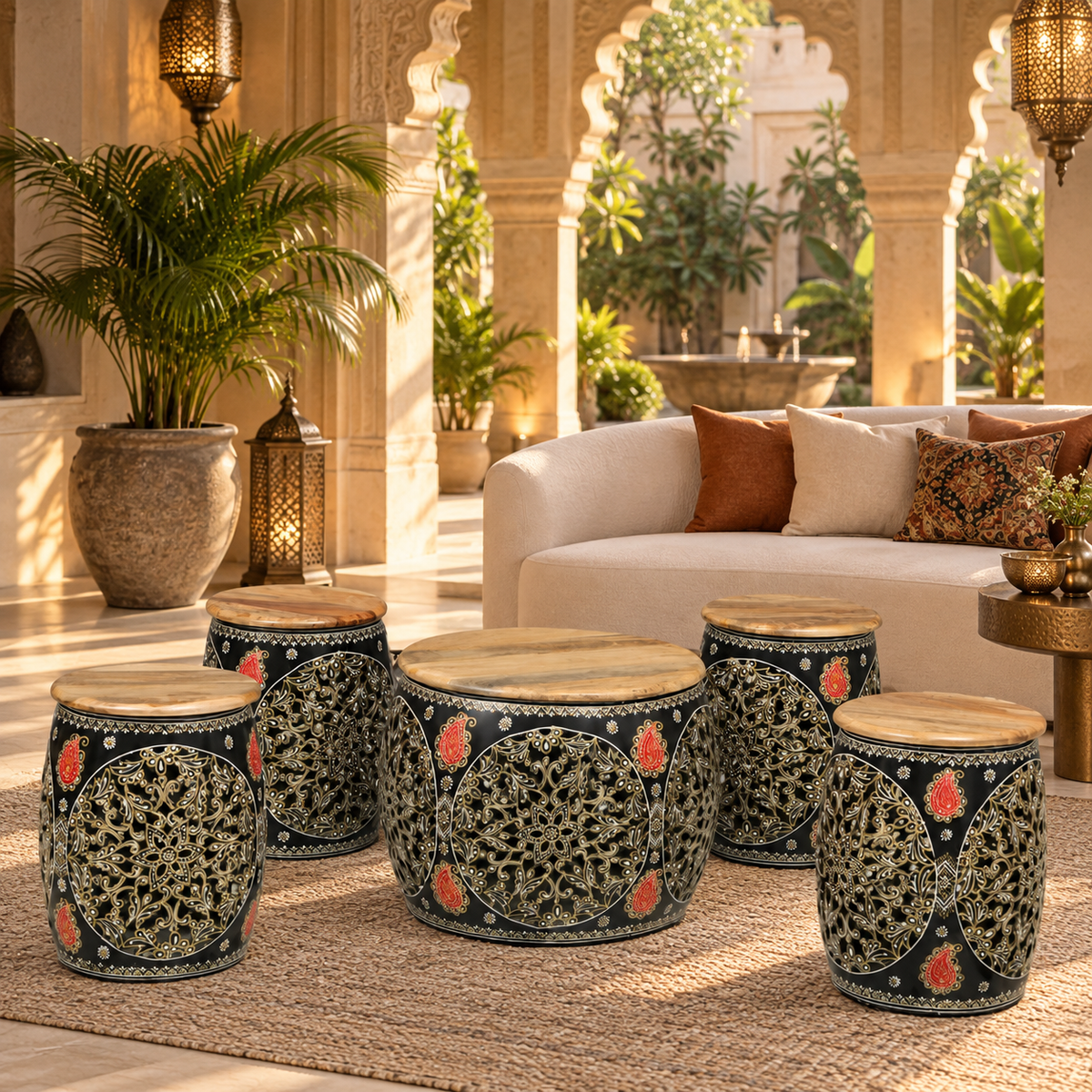 Ethnic Painted Coffee Table with 4 Stools – Set of 5 - styled in a luxury villa interior