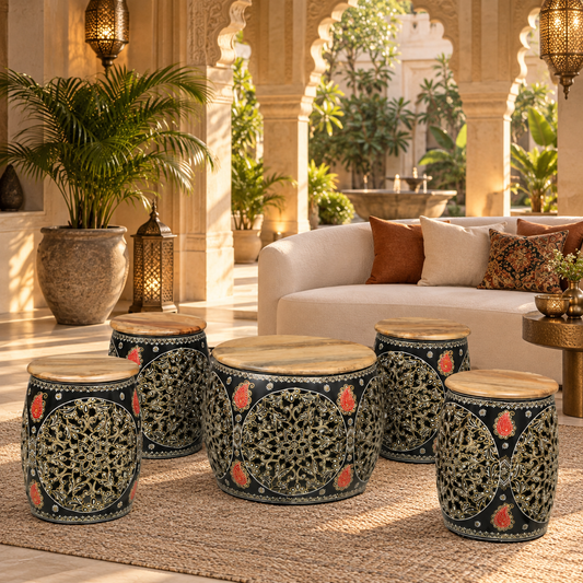 Ethnic Painted Coffee Table with 4 Stools – Set of 5 - styled in a luxury villa interior