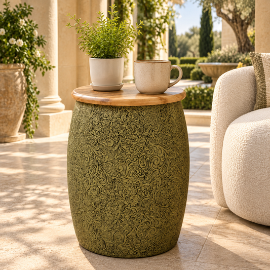Flowlar Gold Metal Side Table - styled in a luxury villa interior