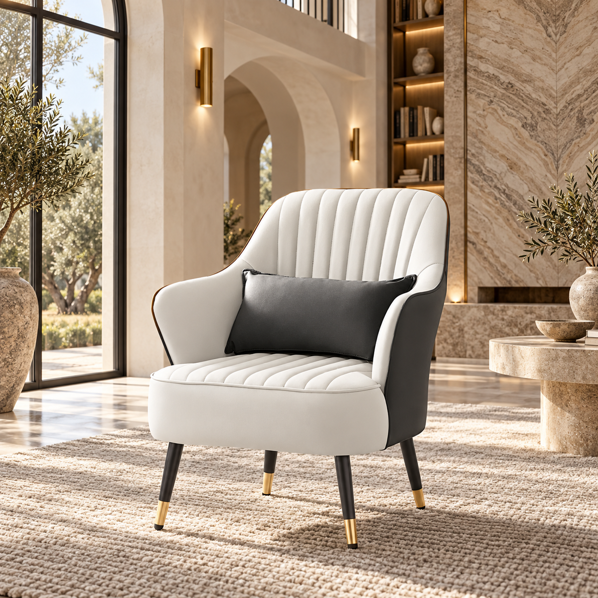 Grey & White Accent Armchair – 28.5 × 21 × 34 Inches - styled in a luxury villa interior