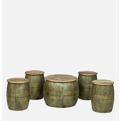 Vintage Hammered Coffee Table with 4 Stools – Set of 5 – view 2