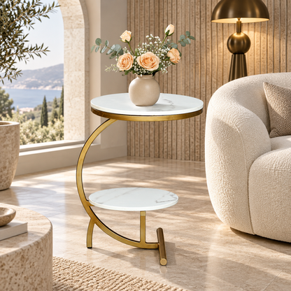 Half-Moon Marble Side Table - styled in a luxury villa interior