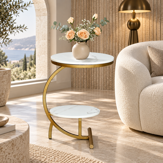 Half-Moon Marble Side Table - styled in a luxury villa interior