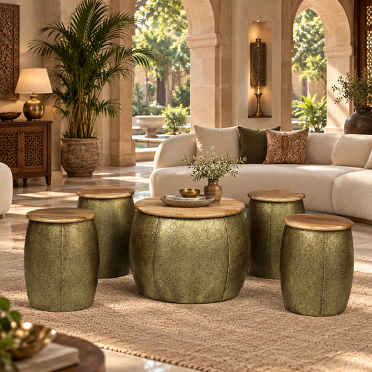 Imperial Artisan Coffee Table with 4 Stools – Set of 5 - styled in a luxury villa interior