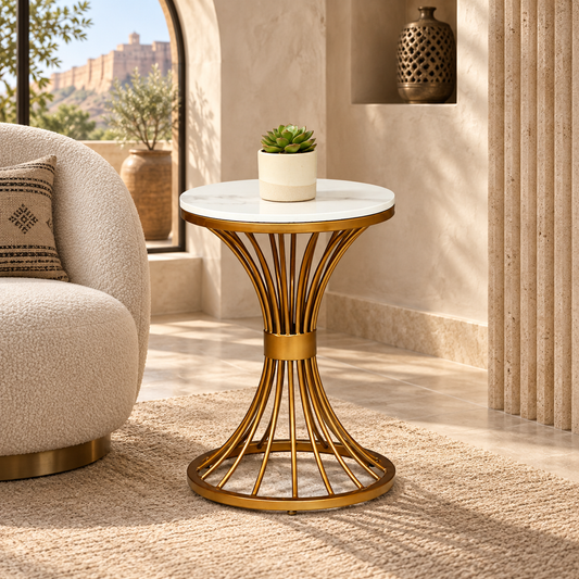 Infinity Oval-Ring Marble Side Table - styled in a luxury villa interior