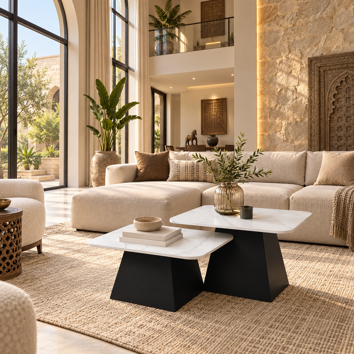 Jodna Square Marble-Top Centre Tables – Set of 2 - styled in a luxury villa interior