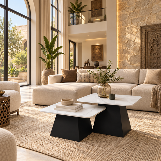 Jodna Square Marble-Top Centre Tables – Set of 2 - styled in a luxury villa interior