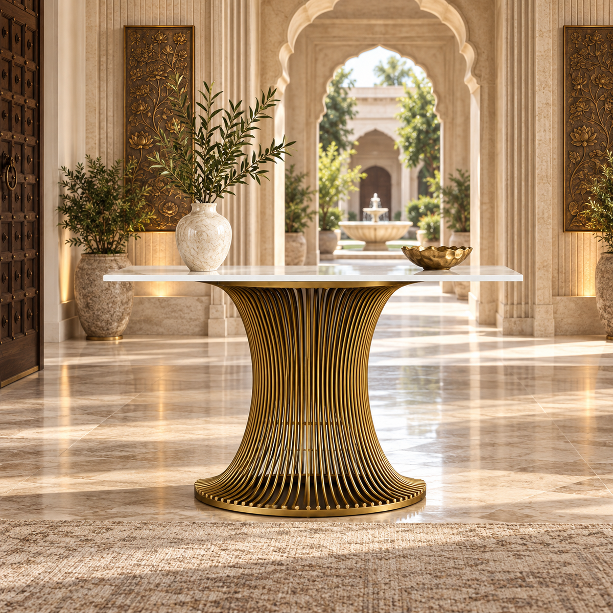 Metalian Gold Metal Console Table - styled in a luxury villa interior