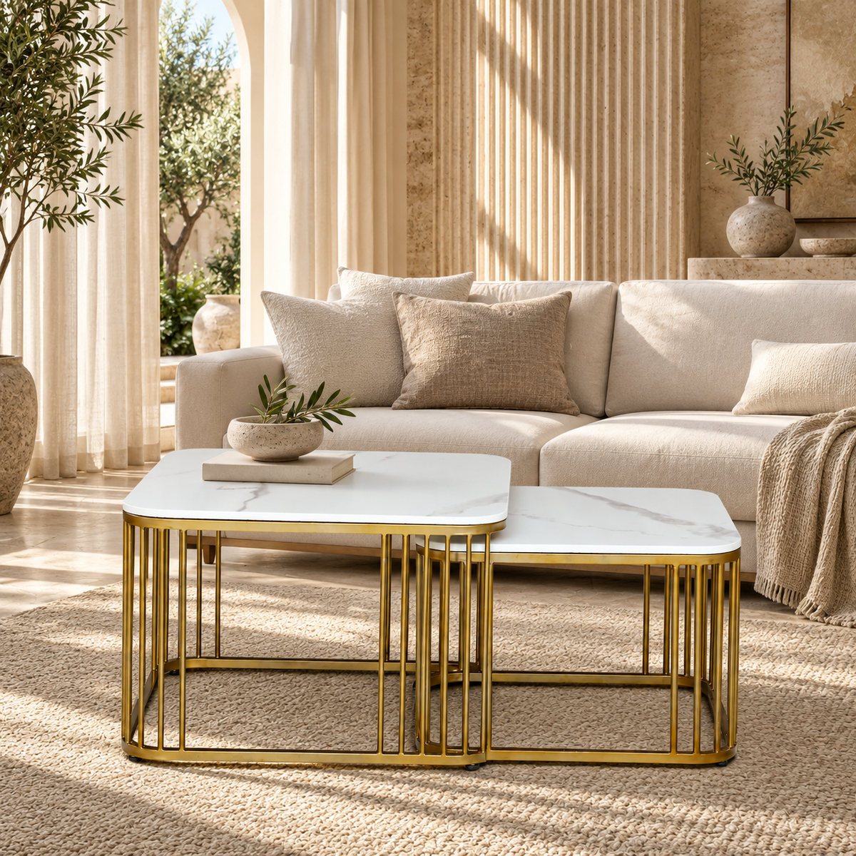 Milan Box-Frame Marble Nesting Coffee Table Set (2 Pc) - styled in a luxury villa interior
