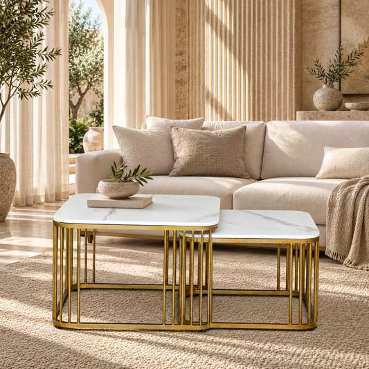 Milan Box-Frame Marble Nesting Coffee Table Set (2 Pc) - styled in a luxury villa interior