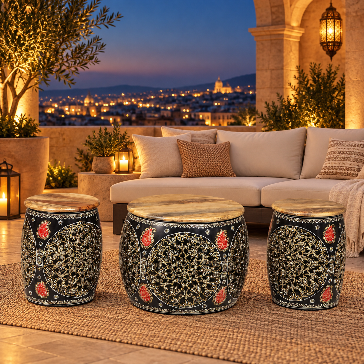 Noir Heritage Coffee Table with 4 Stools – Set of 5 - styled in a luxury villa interior