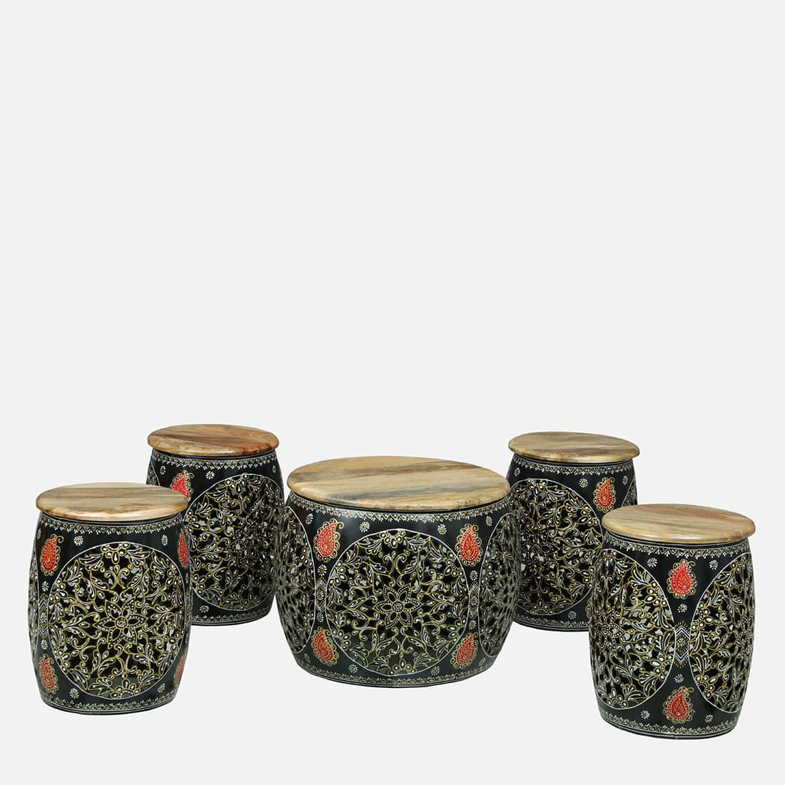 Ethnic Painted Coffee Table with 4 Stools – Set of 5 – view 3