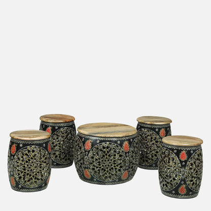 Ethnic Painted Coffee Table with 4 Stools – Set of 5 – view 3