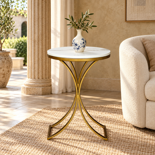 Ring Hourglass Marble Side Table - styled in a luxury villa interior
