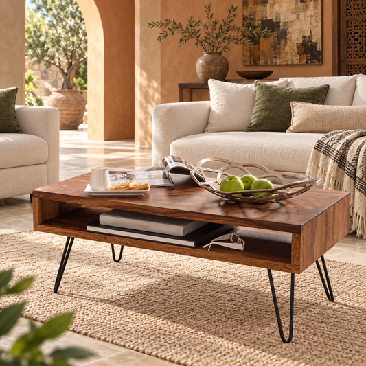 Sheesham Wood Coffee Table with Metal Legs - styled in a luxury villa interior