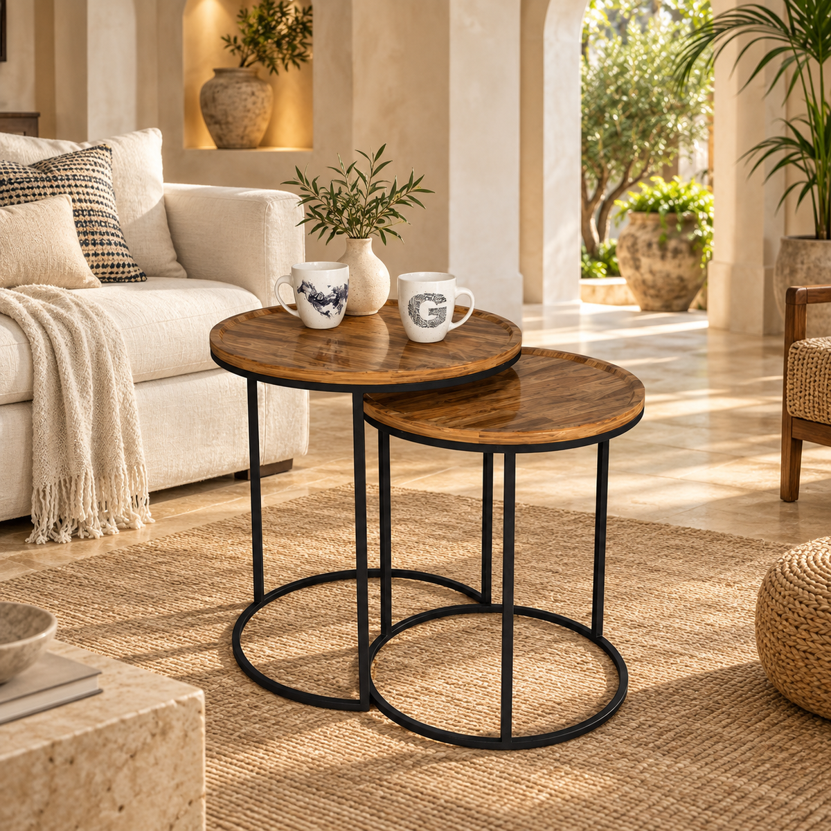 Sheesham Wood Nesting Tables with Metal Base – Set of 2 - styled in a luxury villa interior