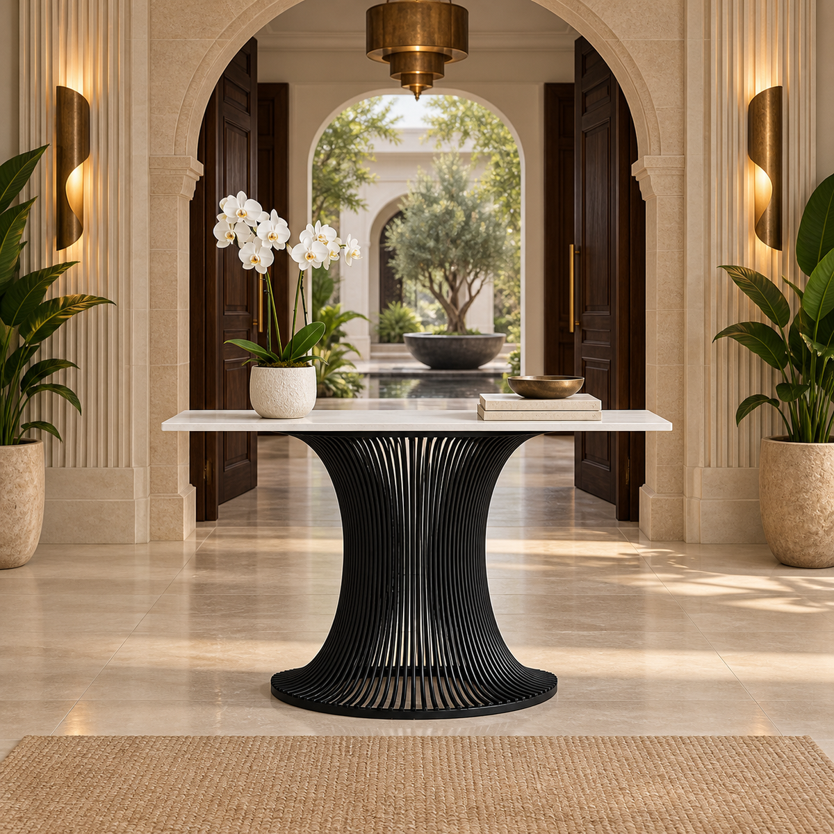 Sleek Black Metal Console Table - styled in a luxury villa interior