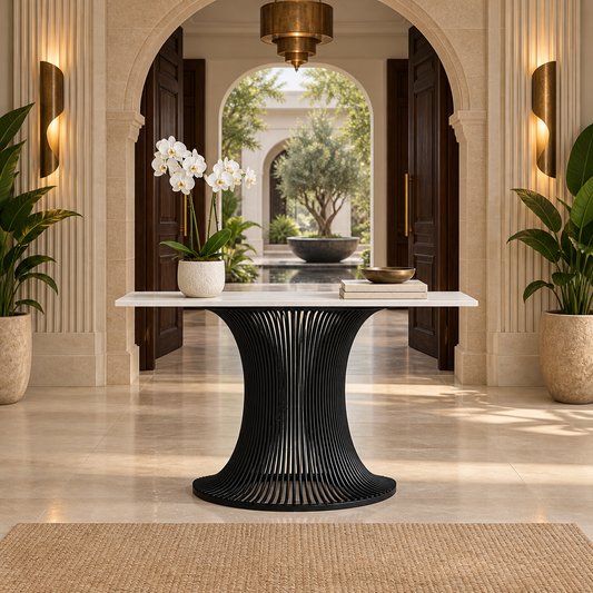 Sleek Black Metal Console Table - styled in a luxury villa interior