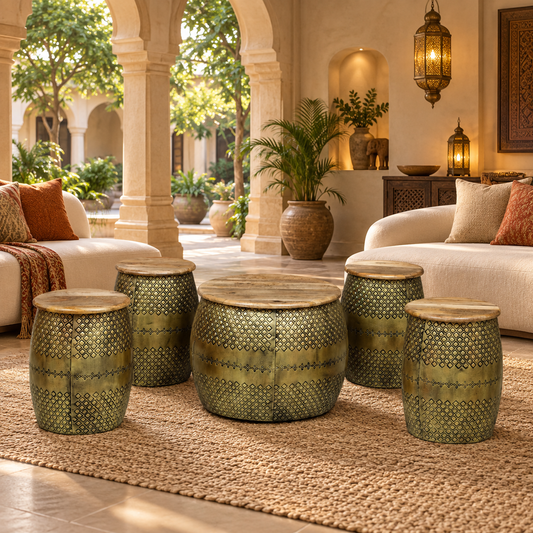Vintage Hammered Coffee Table with 4 Stools – Set of 5 - styled in a luxury villa interior