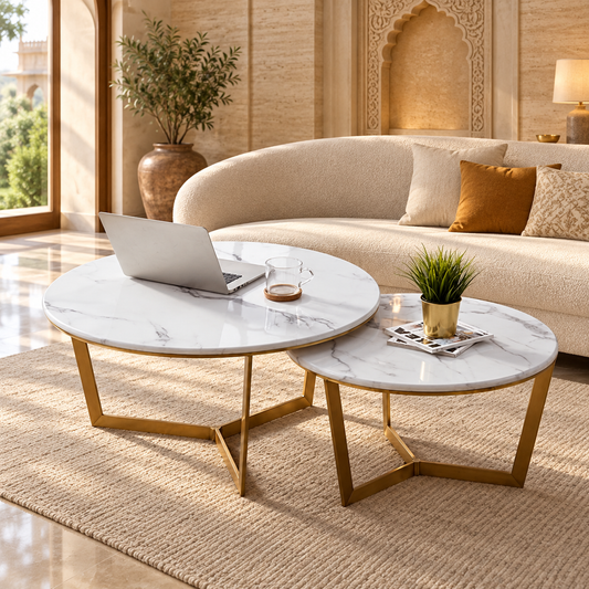 White Marble Nesting Coffee Tables with Gold Frame – Set of 2 - styled in a luxury villa interior
