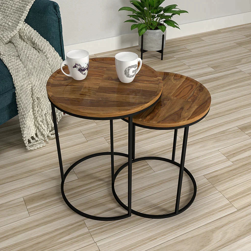Sheesham Wood Nesting Tables, Set of 2 – top view of wood-grain surfaces
