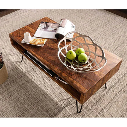 Sheesham Wood Coffee Table with Metal Legs – close-up of wood-grain top and shelf