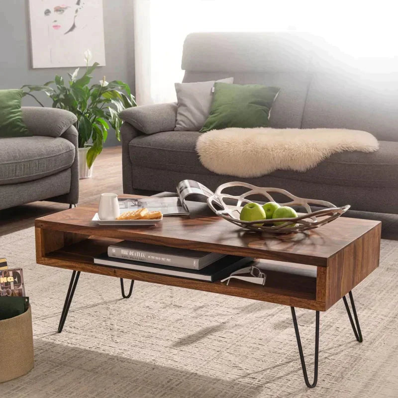 Sheesham Wood Coffee Table with Metal Legs – coffee table with storage shelf in a living room