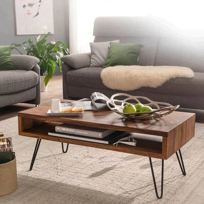 Sheesham Wood Coffee Table with Metal Legs – coffee table with storage shelf in a living room