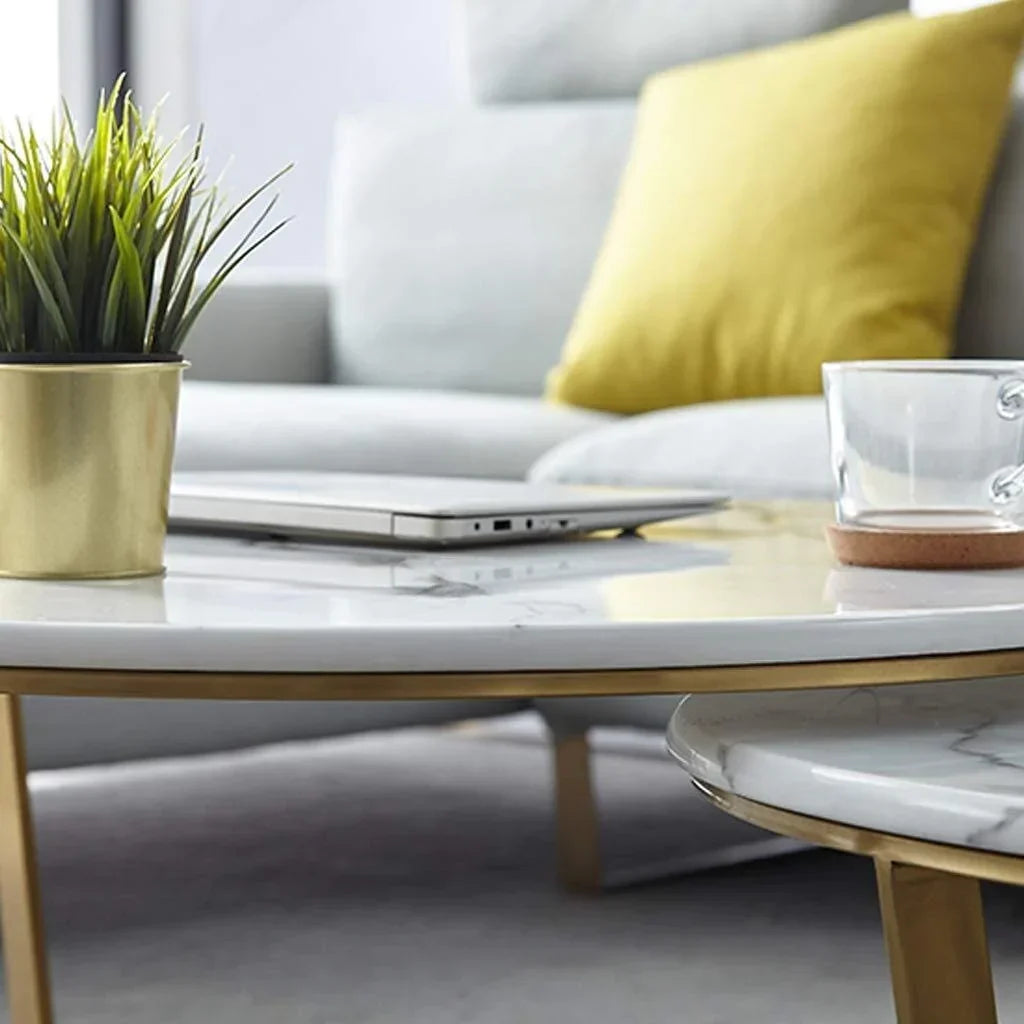 White Marble Nesting Coffee Tables – close-up of marble top and gold frame