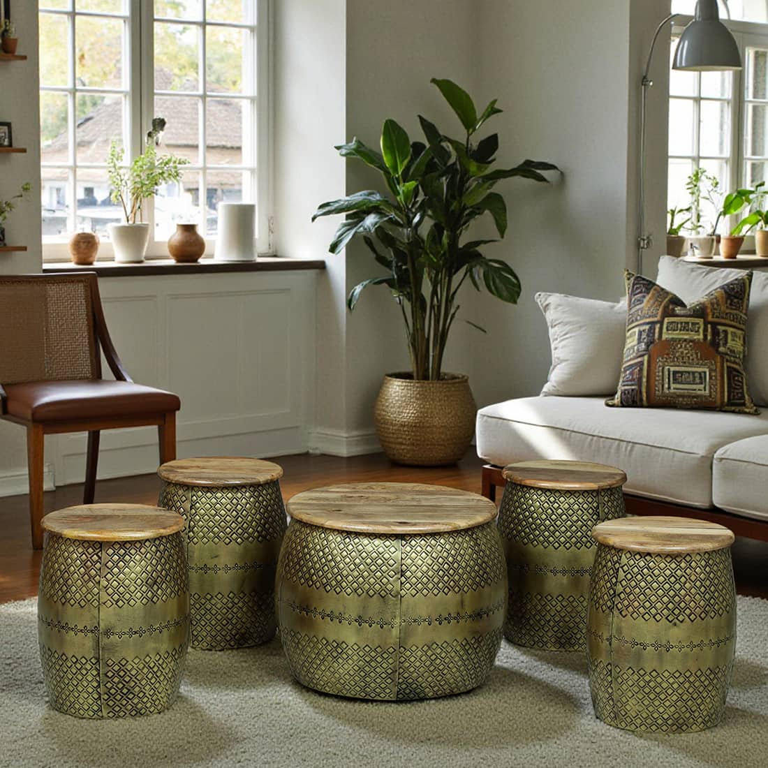 Vintage Hammered Coffee Table with 4 Stools – Set of 5 – product view