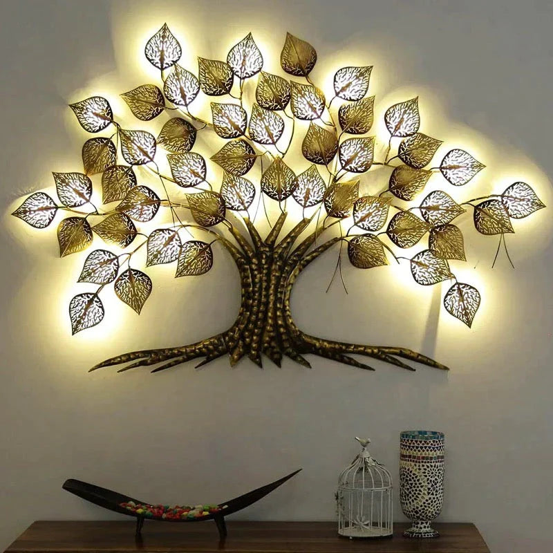 Ethnic tree wall décor – illuminated front view above a console