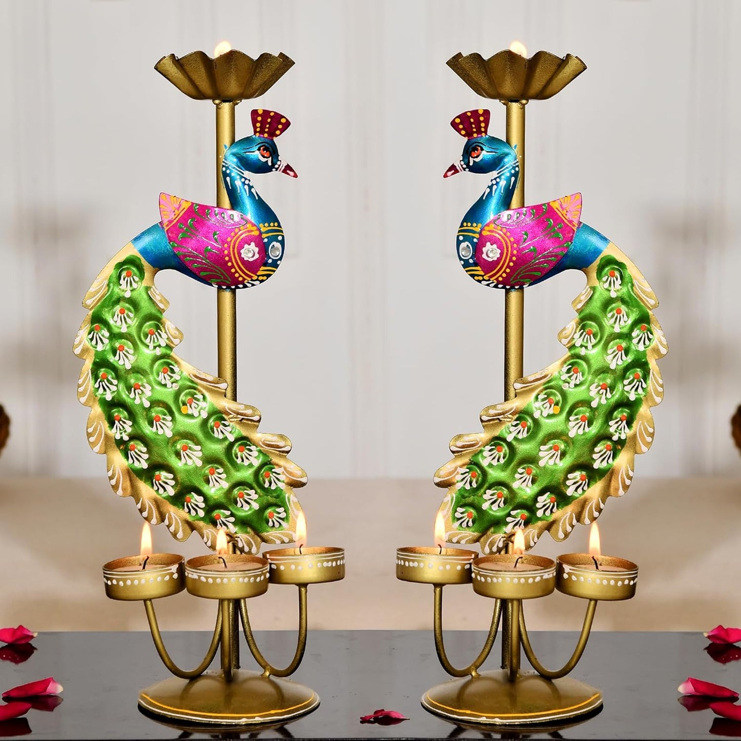 Handcrafted Mayil Vilakku T-Light Holder Set for Festive Decor & Gifting