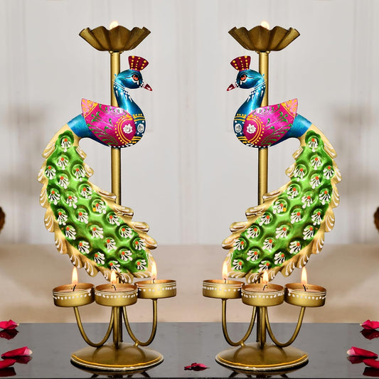 Handcrafted Mayil Vilakku T-Light Holder Set for Festive Decor & Gifting