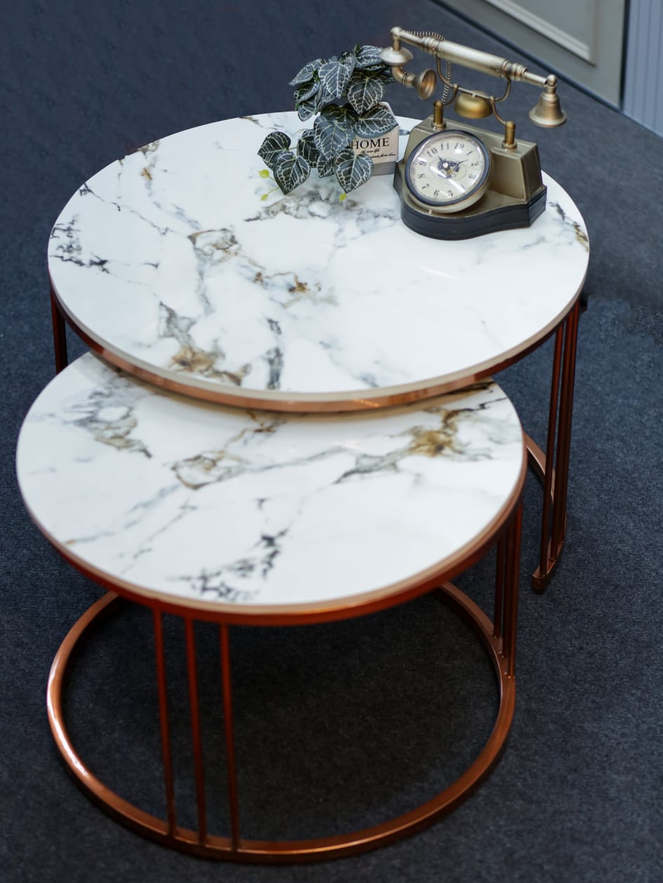 Aria Round Marble Nesting Coffee Tables – top view of veined marble surfaces
