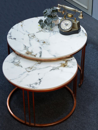 Aria Round Marble Nesting Coffee Tables – top view of veined marble surfaces