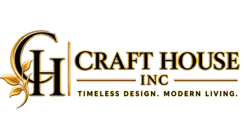 A gold and black logo for Craft House Inc, featuring a stylized 'CH' monogram with leaves on the left, alongside the text 'CRAFT HOUSE INC' and the tagline 'TIMELESS DESIGN. MODERN LIVING.