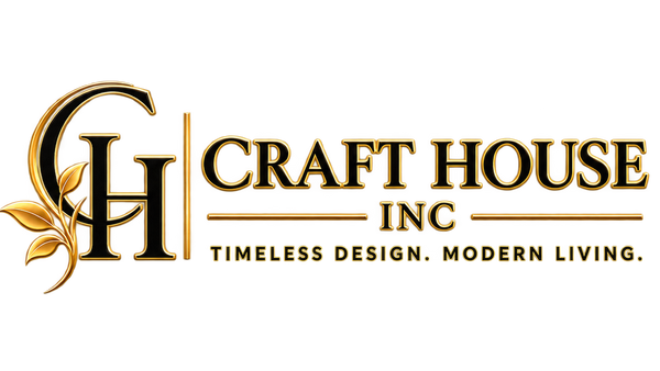 A gold and black logo for Craft House Inc, featuring a stylized 'CH' monogram with leaves on the left, alongside the text 'CRAFT HOUSE INC' and the tagline 'TIMELESS DESIGN. MODERN LIVING.