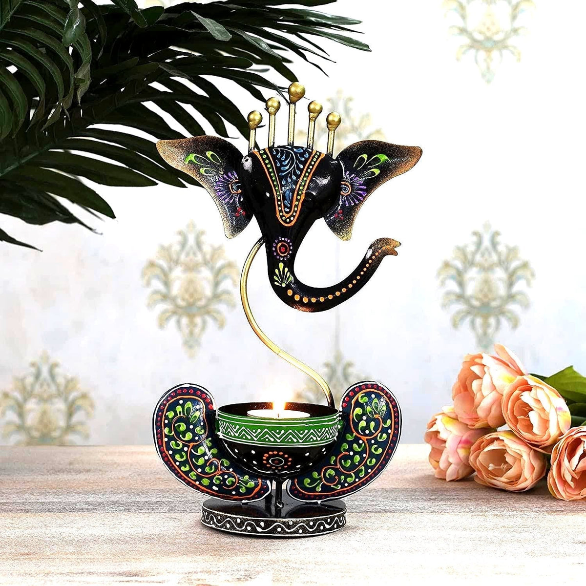 Multicolour Ganesha Tea Light Holder – black Ganesha holder in a styled setting